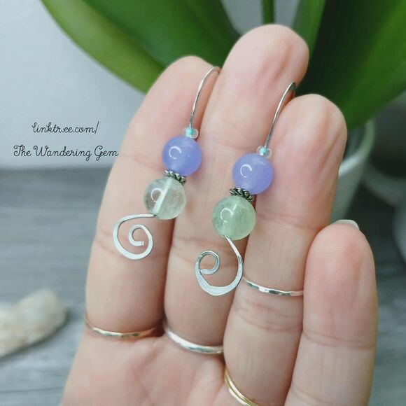 Hammered Gemstone Beaded Dangle Drop Earrings, Fluorite & Dyed Jade, 1.5" - Picture 2 of 4